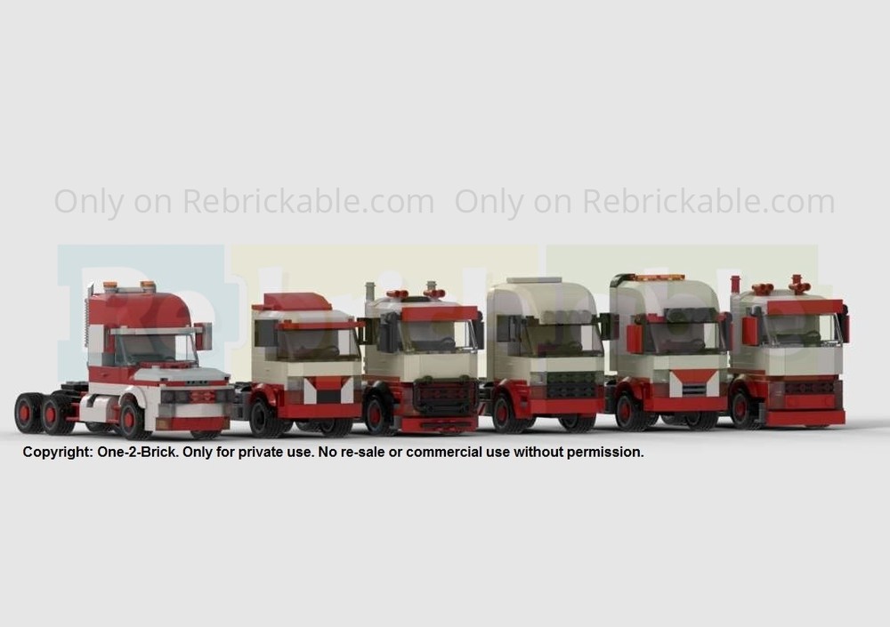 Lego Modern European Trucks – 7 Truck Heads + Lowboy Trailer