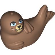 Lego Animal, Seal, Lying on Side with Bright Light Blue Eyes, Tan Nose print / Medium Brown