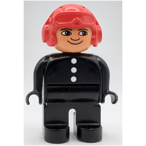 Lego Duplo Figure, Early, Aviator Hat Red, Black Legs, 3 Buttons Print / Black