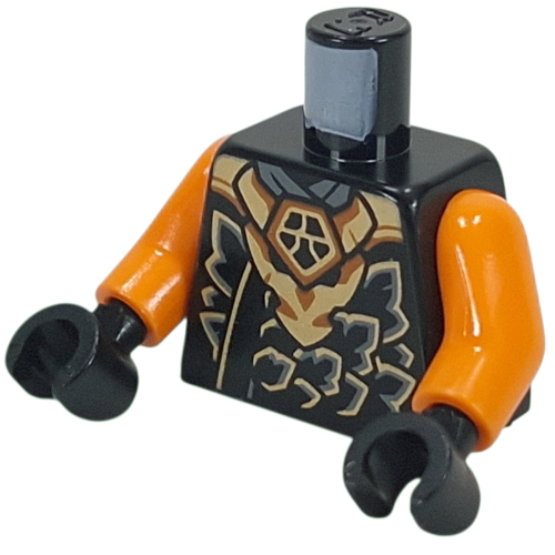 Lego Torso Ninja Robe, Orange and Dark Bluish Grey Scales, Gold Dragon print, Orange Arms, Black Hands with / Black