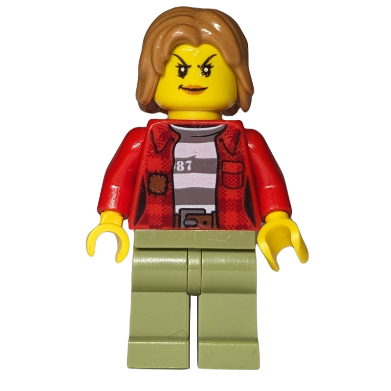 Lego Criminal, Woman, Open Red Flannel Shirt over Prison Shirt, Medium Nougat Hair