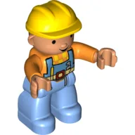 Duplo Figure with Construction Helmet Yellow, with Orange Long Sleeve Jacket, Medium Blue Legs / Orange