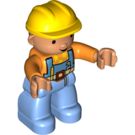 Lego Duplo Figure with Construction Helmet Yellow, with Orange Long Sleeve Jacket, Medium Blue Legs / Orange
