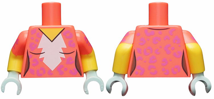 Lego Torso Female White Blaze, Medium Lavender Rosettes Pattern / Yellow Arms with Coral Short Sleeves, Medium Lavender Rosettes Pattern / Light Aqua Hands