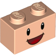 Lego Brick Special 1 x 2 with 2 Studs on 1 Side, with Face, Black Eyes and Open Mouth Smile Print / Light Nougat