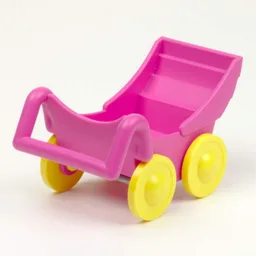 Duplo Pram (Baby Carriage, Stroller) with Yellow Wheels - Complete Assembly / Medium Dark Pink