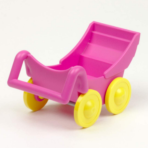 Lego Duplo Pram (Baby Carriage, Stroller) with Yellow Wheels - Complete Assembly / Medium Dark Pink