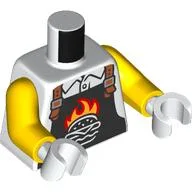 Torso, Black Apron, Flaming Hamburger, Nougat Straps Print, Yellow Arms, White Hands / White