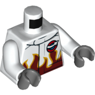 Lego Torso Racing Jacket with Dark Red Flames and Space Logo Print, White Arms, Dark Bluish Gray Hands / White