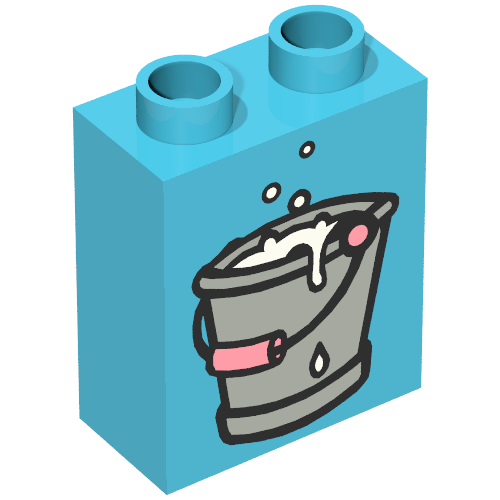 Lego Duplo Brick 1 x 2 x 2, with Gray Bucket with Pink Handle, Full of Water Print / Maersk Blue