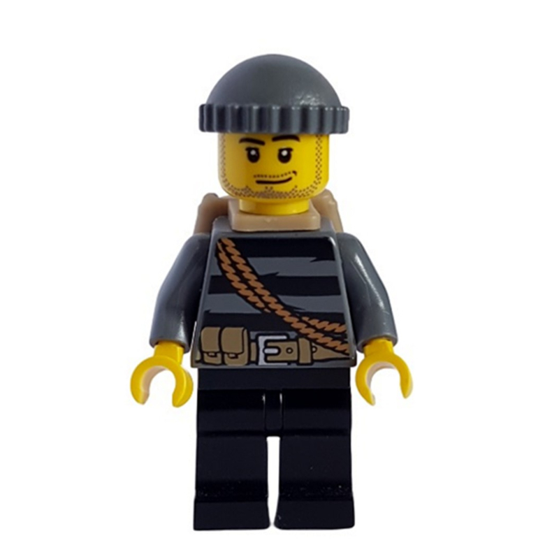 Lego Criminal, Black Striped Top with Rope, Black Hat, Dark Tan Backpack, Stubble