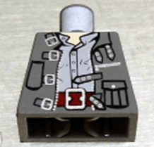 Lego Torso Jacket Open with Zipper, Pocket, and Straps with Buckles over Light Bluish Gray Shirt with Buttons, Dark Red Belt with Silver Buckle, Light Nougat Neck Pattern