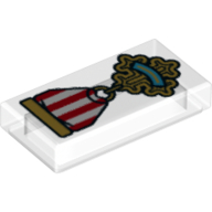 Lego Tile 1 x 2 with Gold Cross Medal with Red and White Ribbon Print / Trans-Clear