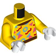 Lego Torso, Reddish Brown Belt, Collar, Red/Bright Light Blue/Coral Shapes print, Yellow Arms, White Hands