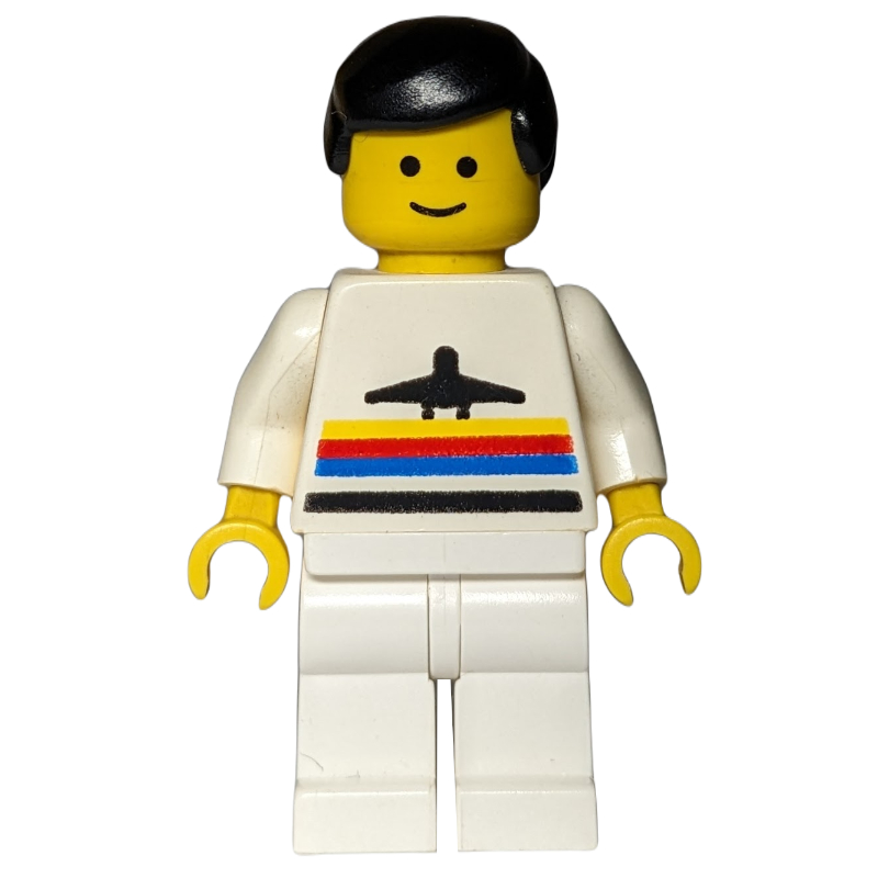 Lego Man, White Shirt with Airplane, White Legs, Black Hair