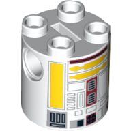 Lego Brick Round 2 x 2 x 2 Robot Body, Axle Holder '+' Orientation with Yellow and Dark Red Astromech Droid Print (R5-F7) / White