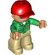 Duplo Figure with Cap Red, with Green Long Sleeve Shirt with 'ZOO' on Front and Back - Tan Legs / Green