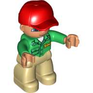 Lego Duplo Figure with Cap Red, with Green Long Sleeve Shirt with 'ZOO' on Front and Back - Tan Legs / Green