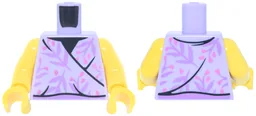 Torso Sleeveless Wrap Top, Black Trim, Medium Lavender Leaves and Coral Flowers Pattern / Yellow Arms / Yellow Hands / Lavender