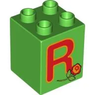 Duplo Brick 2 x 2 x 2 with 'R' and Rose Print / Bright Green