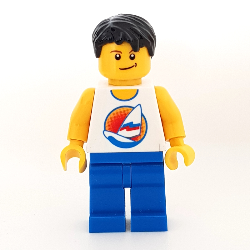 Lego Man, White Tank Top with Windsurfer, Blue Legs, Black Hair