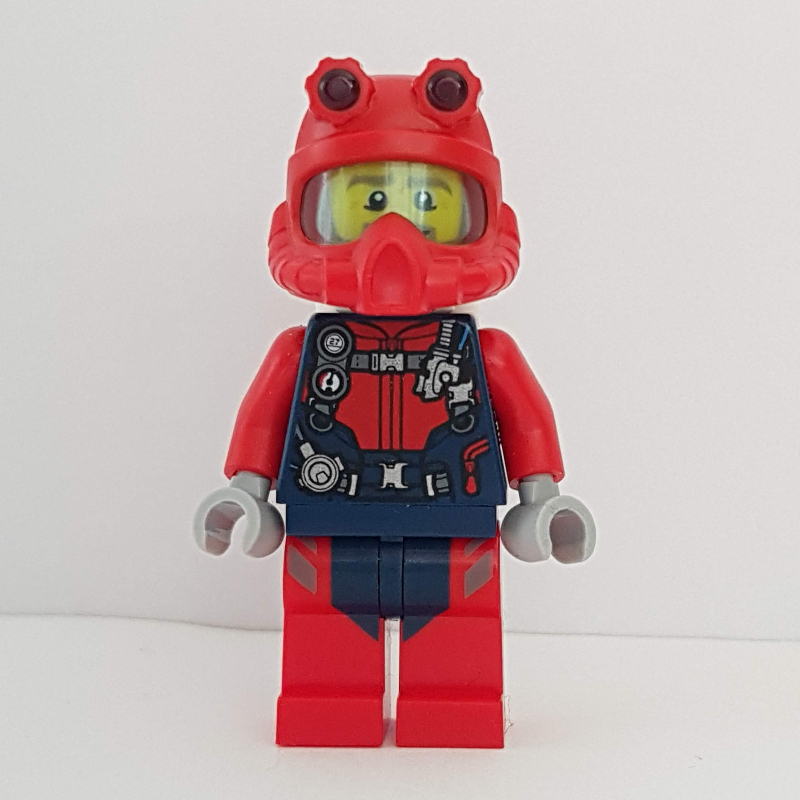 Lego Diver, Man, Red and Dark Blue Wetsuit with Straps and Gauges, Red Diving Helmet, Airtanks, Beard