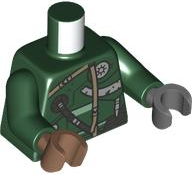 Lego Torso Dark Silver Armor and Tube, Dark Tan Straps, Sand Green Trim Pattern / Dark Green Arms / Dark Bluish Gray Hand Left / Medium Brown Hand Right