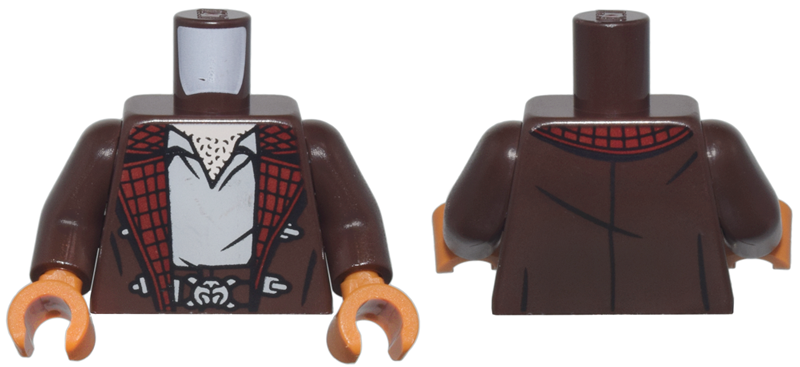 Lego Torso Jacket with Clasps and Dark Red Plaid Lining over Light Bluish Gray Shirt, Light Nougat Neck with Chest Hair, Belt with Buckle Pattern / Dark Brown Arms / Dark Orange Hands