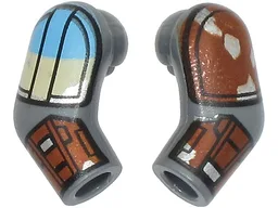 Arm, (Matching Left and Right) Pair with Reddish Brown, Tan, Bright Light Blue and Silver Shoulder Pads and Armor Pattern / Dark Bluish Gray
