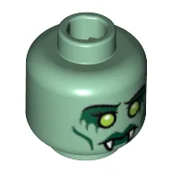 Minifig Head Medusa, Dual Sided, Fangs, Green Lips, Cheek Lines, Yellow Eyes / Open Mouth with Red Eyes Print [Blocked Open Stud] / Sand Green