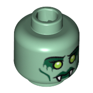 Lego Minifig Head Medusa, Dual Sided, Fangs, Green Lips, Cheek Lines, Yellow Eyes / Open Mouth with Red Eyes Print [Blocked Open Stud] / Sand Green