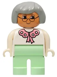 Duplo Figure, Female, Light Green Legs, White Blouse, Gray Hair, Glasses