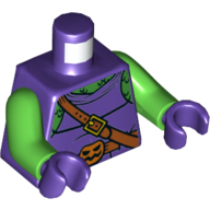 Lego Torso Vest with Shoulder Strap, Belt with Pumpkin Buckle, Pouch on Back Print (Green Goblin), Bright Green Arms, Dark Purple Hands / Dark Purple