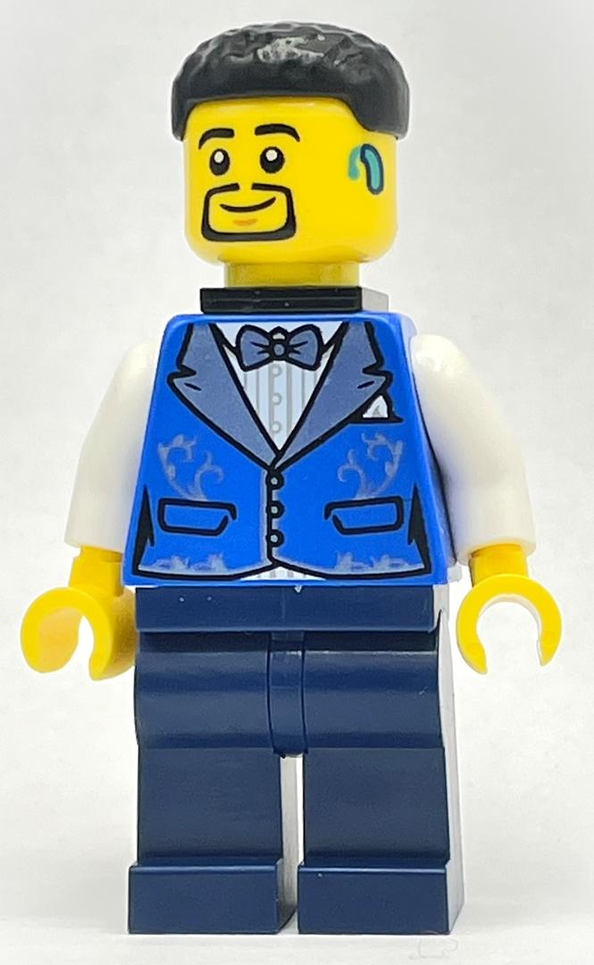 Lego Bass Player - Blue Torso, Dark Blue Legs, Black Hair, Black Neck Bracket