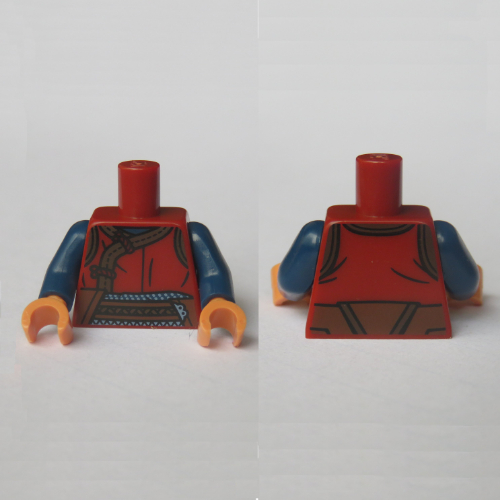 Lego Torso Red Tunic, Brown Trim, Belt Print (Wong), Dark Blue Arms, Nougat Hands / Dark Red