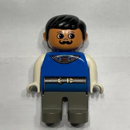 Duplo Figure, Early, with Short Parted Hair Black, Dark Gray Legs, White Arms, Moustache (Actor) / Blue