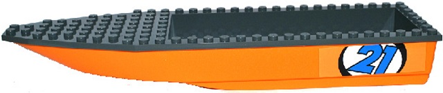 Lego Boat, Hull Unitary 28 x 8 with Dark Bluish Gray Top with Blue '21' in White Circle Pattern on Both Sides (Stickers) - Set 60085