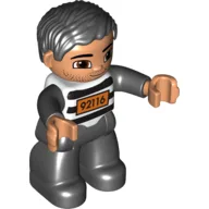 Duplo Figure with Parted Wavy Hair Black, Black and White Striped Top with '92116' (Prisoner) / White