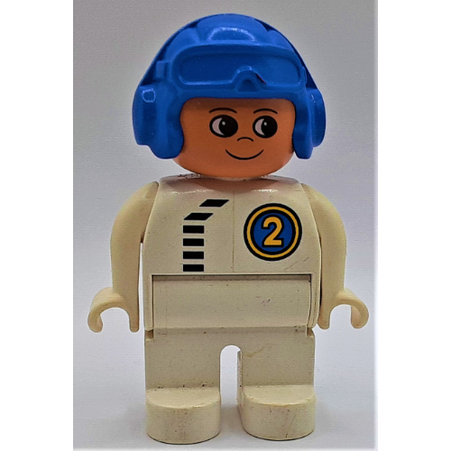 Lego Duplo Figure, Early, Aviator Hat Blue, White Legs, Black Zipper and Racer #2 Print / White