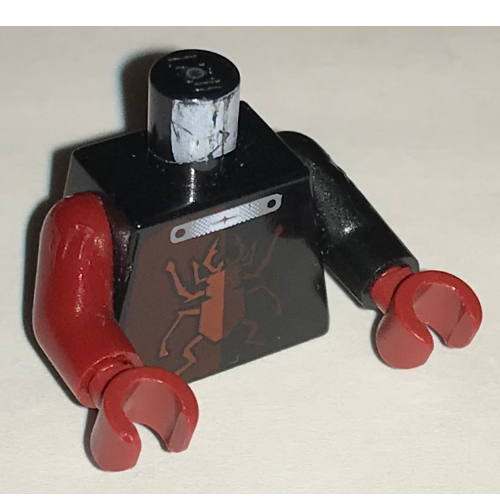 Lego Torso, Odd Arms, Scarab without Silver Outline and X Print, Left Black Arm, Right Dark Red Arm, Dark Red Hands / Black