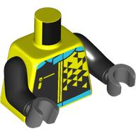 Lego Torso, Racing Suit, Black Triangles, Medium Azure Collar, Zipper print, Black Arms, Dark Bluish Gray Hands / Vibrant Yellow
