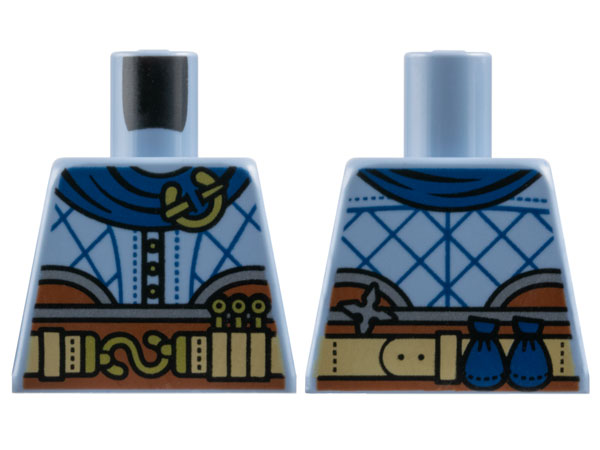 Lego Torso Vest with Reddish Brown Bottom, Dark Blue Cape Collar with Gold Brooch and Black Folds, Silver Trim and Dark Tan Belt with 2 Pouches on Back Pattern