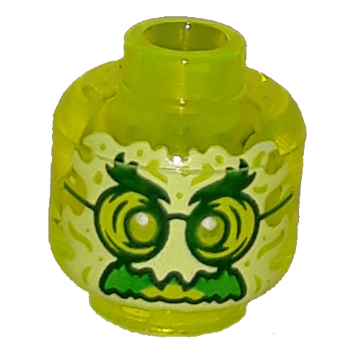 Lego Minifig Head Ghost, with Yellowish Green Face, Bushy Eyebrows, Glasses, Angry and Flames in Back Print / Trans-Neon Green