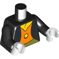 Lego Torso, Jacket, Dark Blue Trim, Orange Shirt, Yellow Button/Collar, Olive Green Pants print, Black Arms, White Hands / Black
