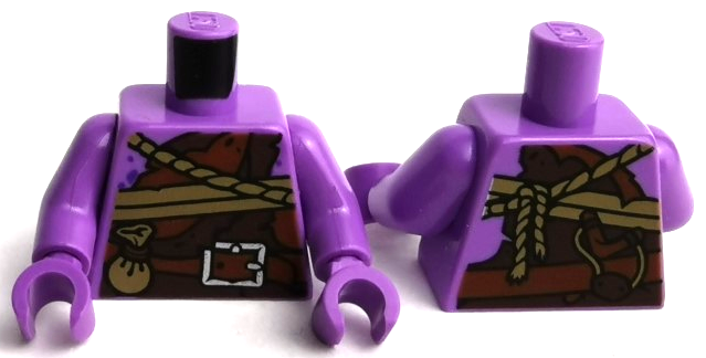 Lego Torso Dark Orange and Reddish Brown Tattered Shirt, Belt with Silver Buckle, Tan Ropes and Pouch, Slingshot on Back Pattern / Medium Lavender Arms / Medium Lavender Hands