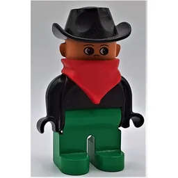 Duplo Figure, Early, Cowboy Hat Black, Green Legs, Red Bandana / Black