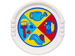 Duplo Utensil Disk with Blue Circle, Red Paint Brush, Yellow Pet Food in Bowl with Paw Print, Medium Azure Watering Can and Slide in Quarter Circles Pattern