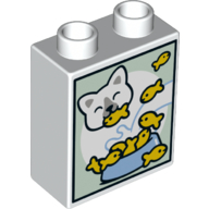 Lego Duplo Brick 1 x 2 x 2 with Bottom Tube, Cat Eating Fish print / White