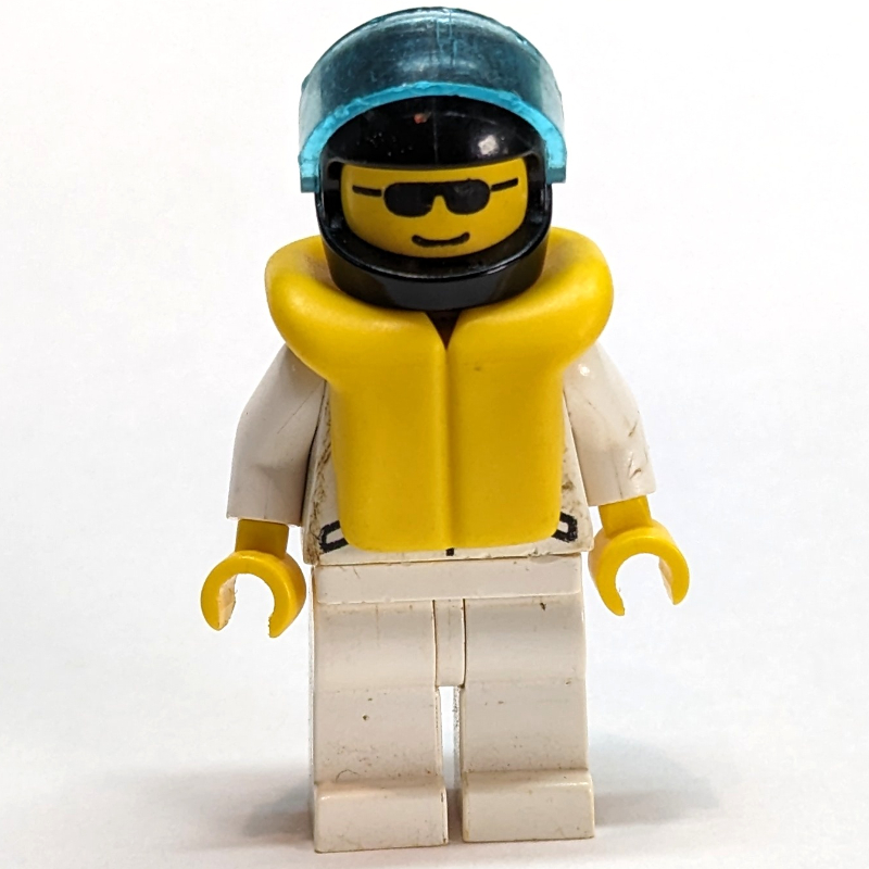 Lego Racer, White Jacket with 2 Stars, Black Helmet with Visor, Sunglasses