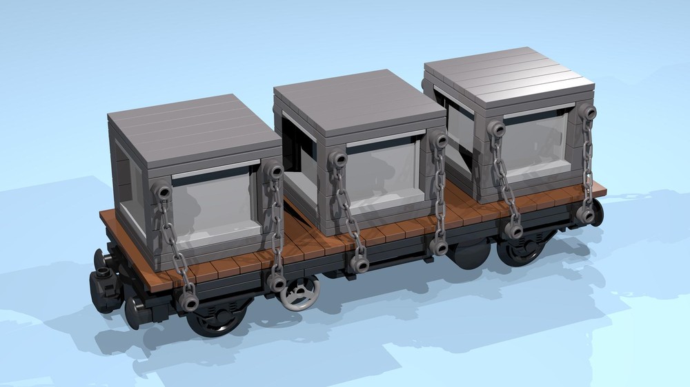 Lego 4-Wheel Flatbed Wagon (SNOT, brown, 8 studs wide) with Cargo Boxes